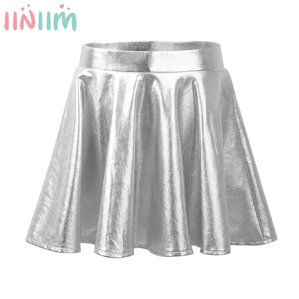 

Kids Girls Metallic Pleated Skirt High Waist Built in Shorts Miniskirt for Cheerleading Jazz Dance Skating Aerobics Gymnastics