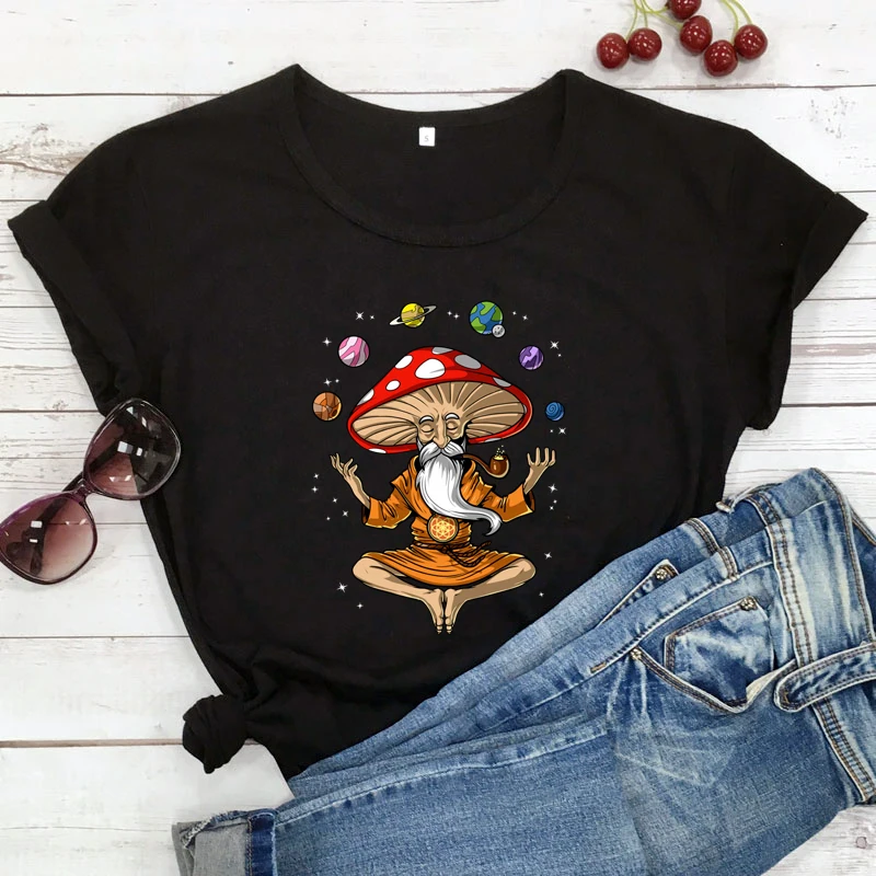 

Colored Meditation Mushroom T-shirt Aesthetic Women Magic Mushrooms Yoga Tee Shirt Top Funny Hippie Fungi Mycologist Tshirt