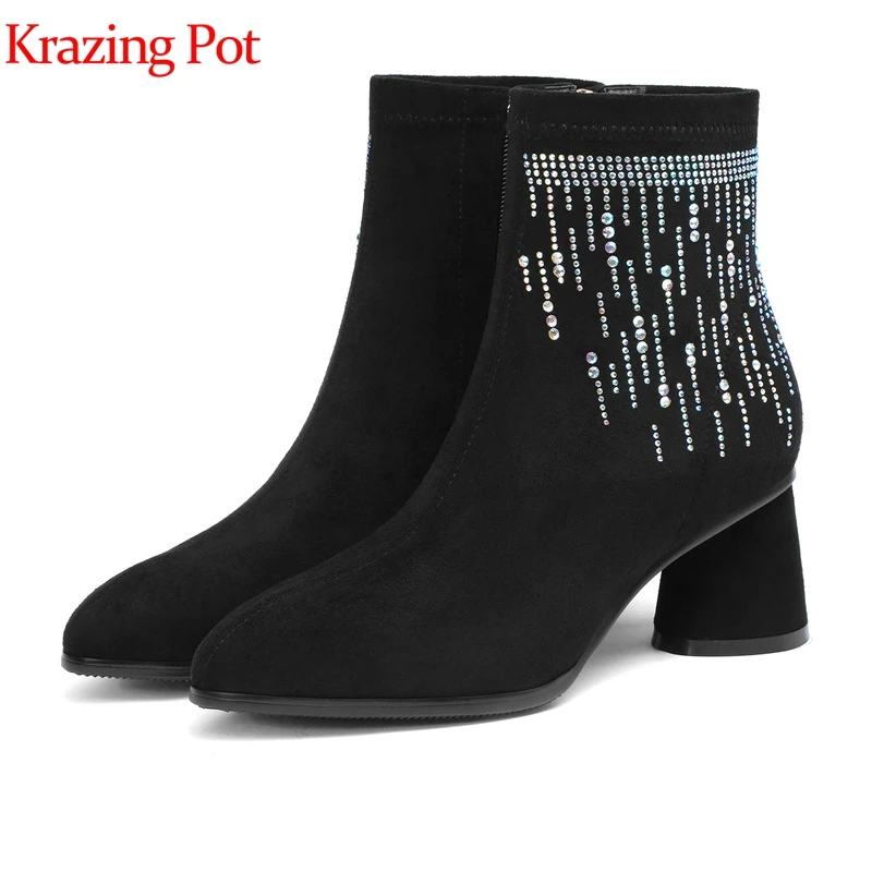 Krazing pot flock material crystal round toe zipper med heels women ankle boots runway sweety oriental keep warm short boots L06
Krazing pot flock material crystal round toe zipper med heels women ankle boots runway sweety oriental keep warm short boots L06