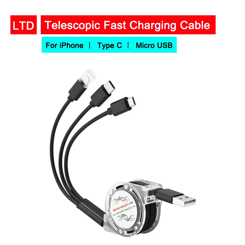 3 in 1 USB Cable for Mobile Phone Micro USB Type C Charger Cable for iPhone Charging Cable line telescopic 3A Fast Charging Wire
3 in 1 USB Cable for Mobile Phone Micro USB Type C Charger Cable for iPhone Charging Cable line telescopic 3A Fast Charging Wire