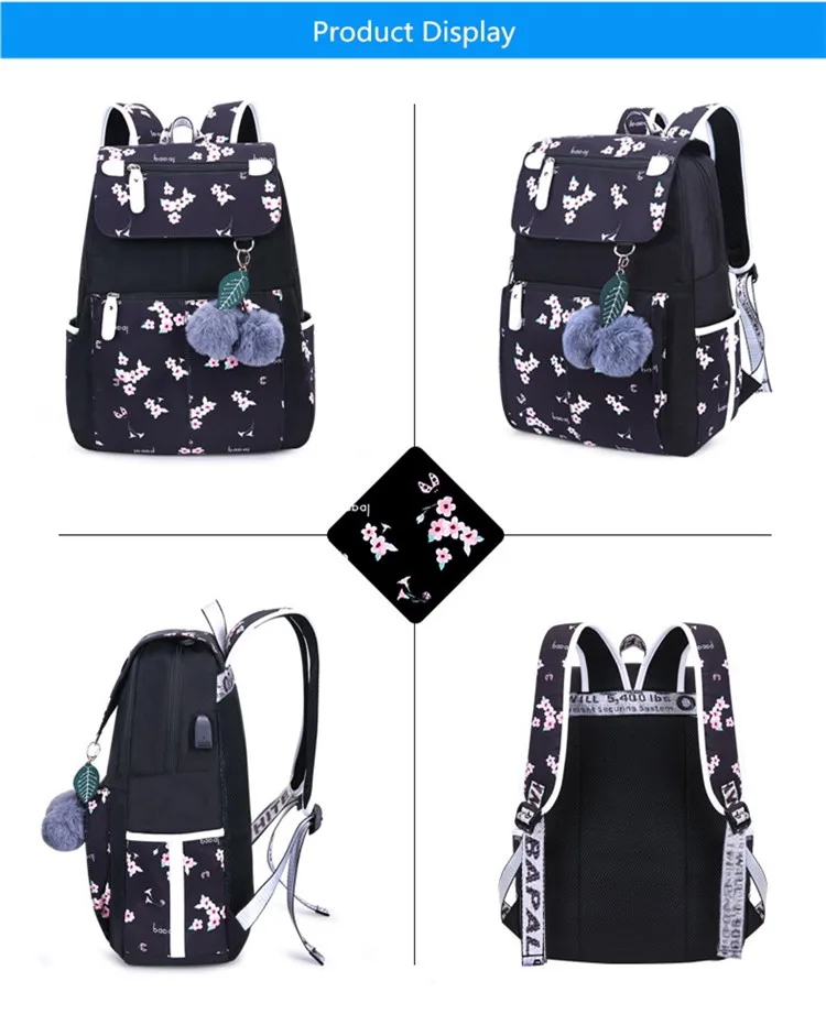 Женский школьный рюкзак с меховым помпоном Fengdong черный для девочек подростков и