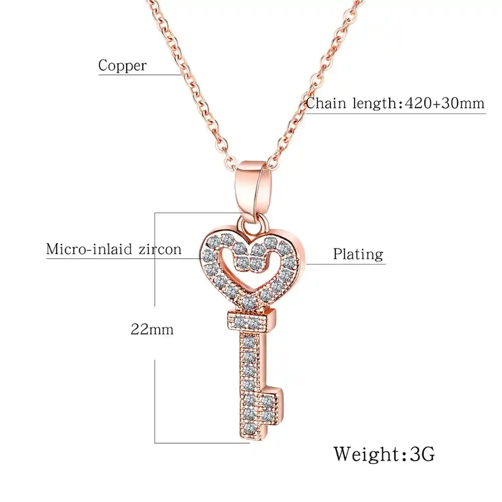 fashion rose gold heart key crystal pendant lady