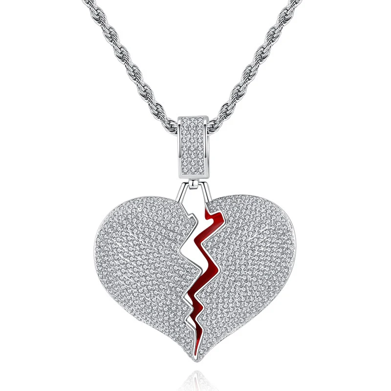 

Hip Hop Micro Pave AAA Cubic Zirconia Iced Out Bling Broken Heart Pendants Necklace for Men Rapper Jewelry Silver Color