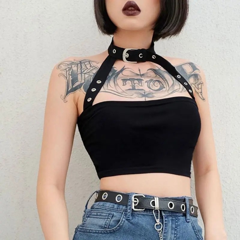 

2020 Hot Women Summer Sleeveless Harajuku Short Vest With Necklace Crop Tops Sexy Ladies Halter Camis Top Black Gothic Tank