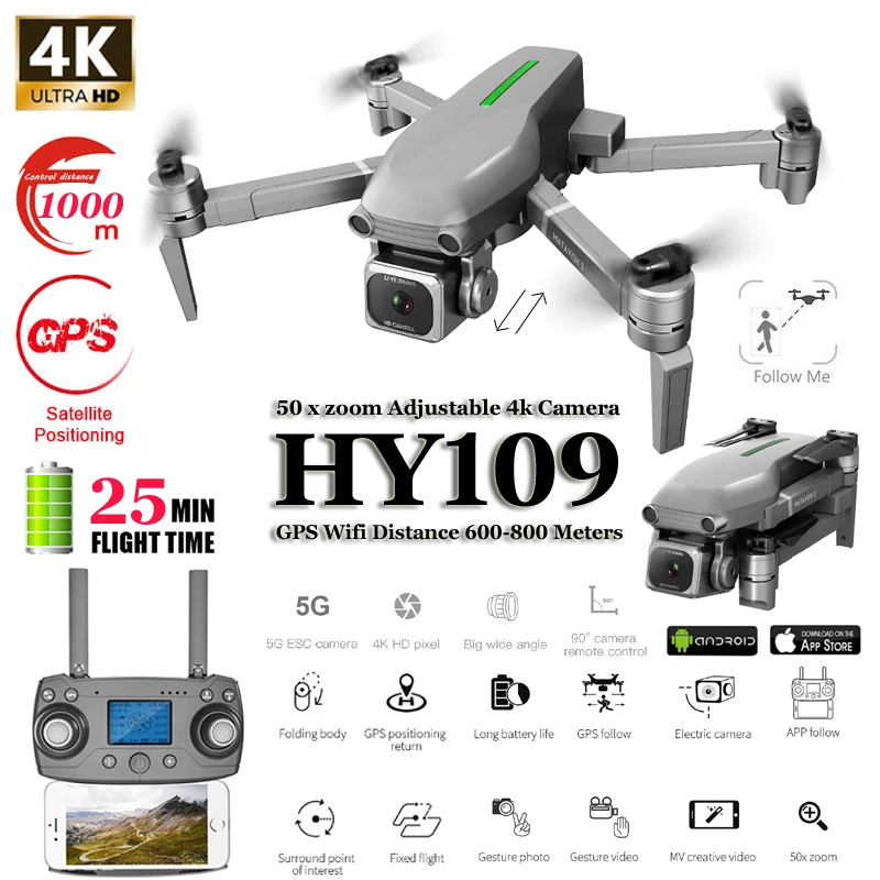 HY109 4K Drone GPS with Adjustment HD Camera 50xZoom Wide Angle 5G WIFI FPV RC Quadcopter Professional Foldable Drones E520S E58
HY109 4K Drone GPS with Adjustment HD Camera 50xZoom Wide Angle 5G WIFI FPV RC Quadcopter Professional Foldable Drones E520S E58