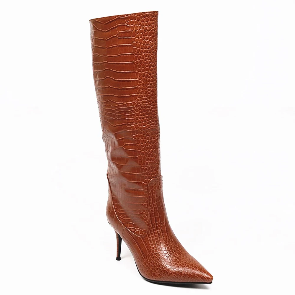 Crocodile Pattern Pointed Toe Microfiber Knee-Length Boots Short Plush Dark Brown Stone Pattern High Heel Women's Boots
Crocodile Pattern Pointed Toe Microfiber Knee-Length Boots Short Plush Dark Brown Stone Pattern High Heel Women's Boots