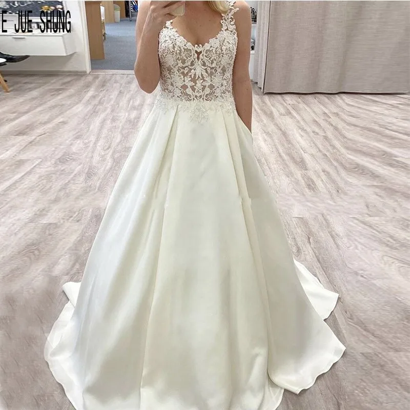 E JUE SHUNG Sexy Illusion Lace Wedding Dresses V Neck Appliques Beach Satin Bridal Gowns A Line Backless Vestios De Novia 
E JUE SHUNG Sexy Illusion Lace Wedding Dresses V Neck Appliques Beach Satin Bridal Gowns A Line Backless Vestios De Novia