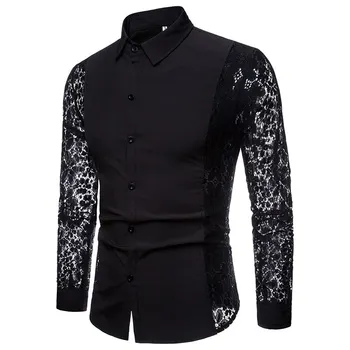 Spring Autumn Men's Shirt Retro Long-sleeved Lace Hollow Lapels Solid Color Slim Shirt 
Spring Autumn Men's Shirt Retro Long-sleeved Lace Hollow Lapels Solid Color Slim Shirt