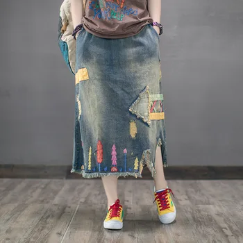 Spring Mid Long Denim Skirts for Women Loose Patchwork Casual Fashion Plus Size Female Vintage Art Jeans Skirt 2019
Spring Mid Long Denim Skirts for Women Loose Patchwork Casual Fashion Plus Size Female Vintage Art Jeans Skirt 2019