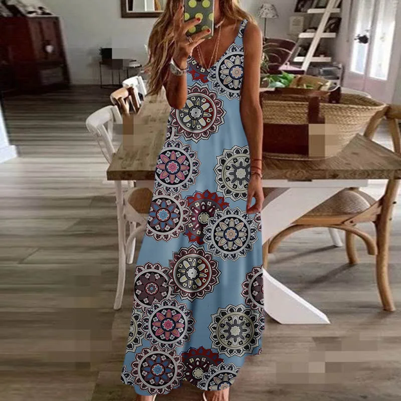 Sexy Maxi Dresses For Women Boho Print V-Neck Floral Sundresses Women Sleeveless Plus Size Dresses For Women 4xl 5xl Summer 2020