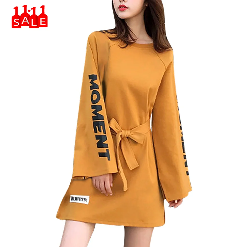 ladies Autumn Yellow dress bow Letter print winter Knee Length O-Neck dresses Bandage Long Sleeve Loose Dress vestito sexy #ZD
ladies Autumn Yellow dress bow Letter print winter Knee Length O-Neck dresses Bandage Long Sleeve Loose Dress vestito sexy #ZD