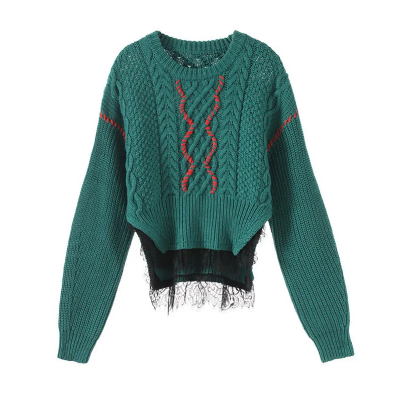 Женский зеленый укороченный свитер сезон зима 2019 плотный теплый кружевной