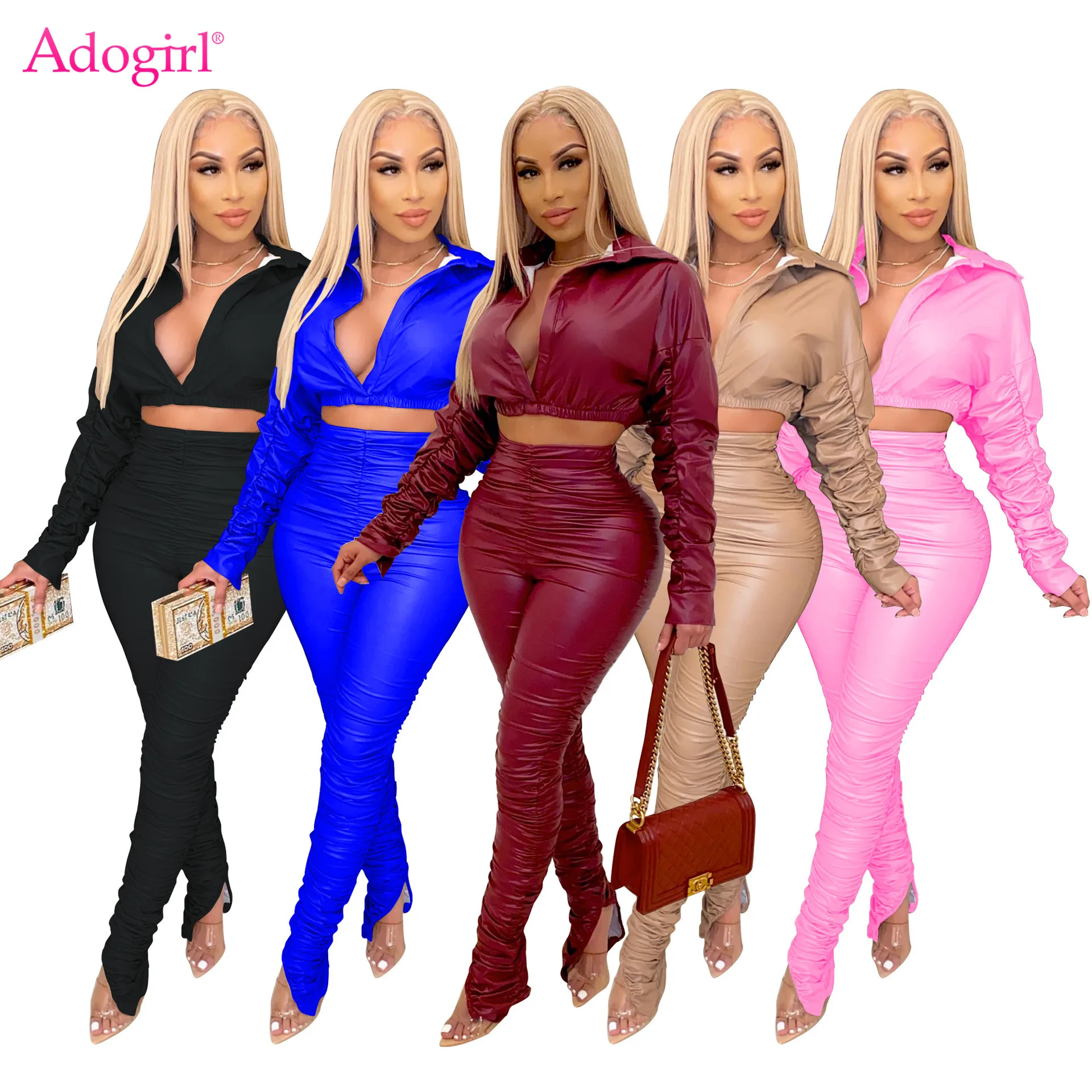 

Adogirl Solid Faux PU Leather Sexy Two Piece Set Turn Down Collar Long Sleeve Crop Top Stacked Flare Pants Fall Fashion Clothing