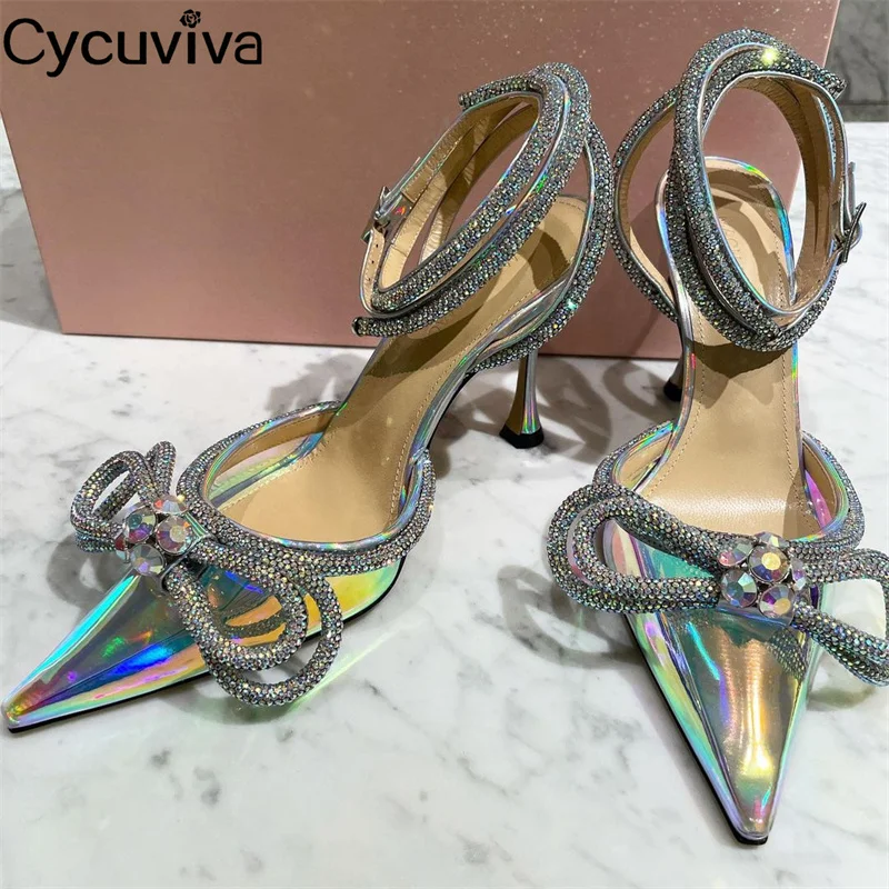 

New PVC Crystal Thin High Heel Sandals Women Mules Pointy Wrap toe Gladiatus Sandals Summer Sexy Luxury Wedding Slide Shoes Muje