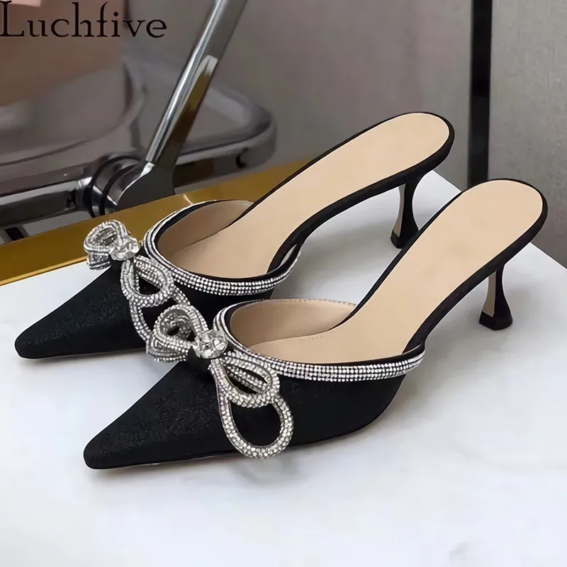 

Crystal Bowtie Slippers Women Kitten Heels Party Shoes Pointy Toe Mule Slides Black Pink Diamond Satin Shoes Woman