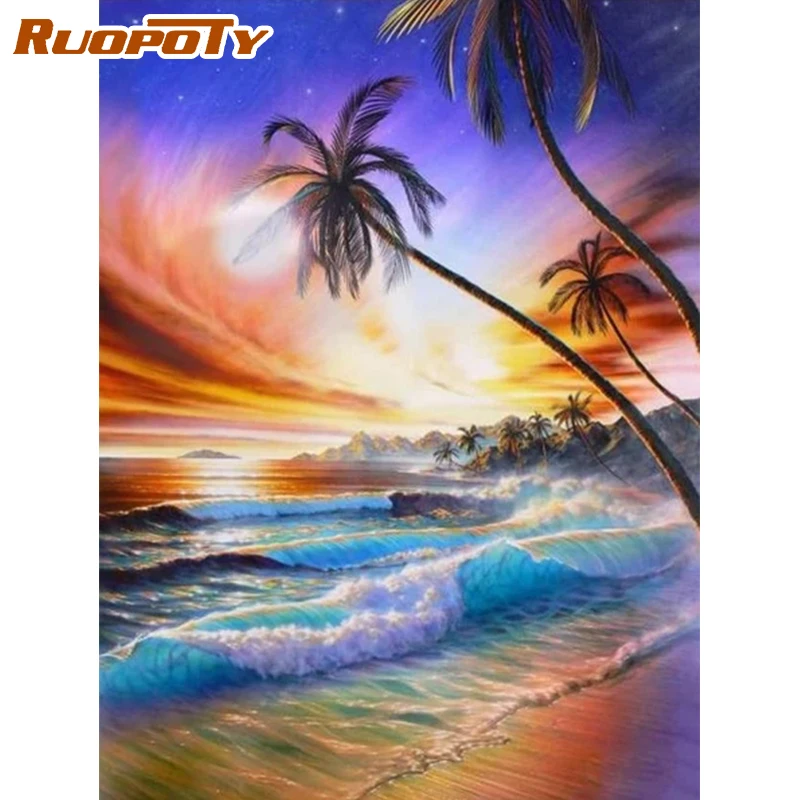 CHENISTORY Painting By Number Kits Frameless Sunset Seaside Landscape Oil Paint For Adults And Kids Surprise Gift On Canvas Deco | Дом и сад