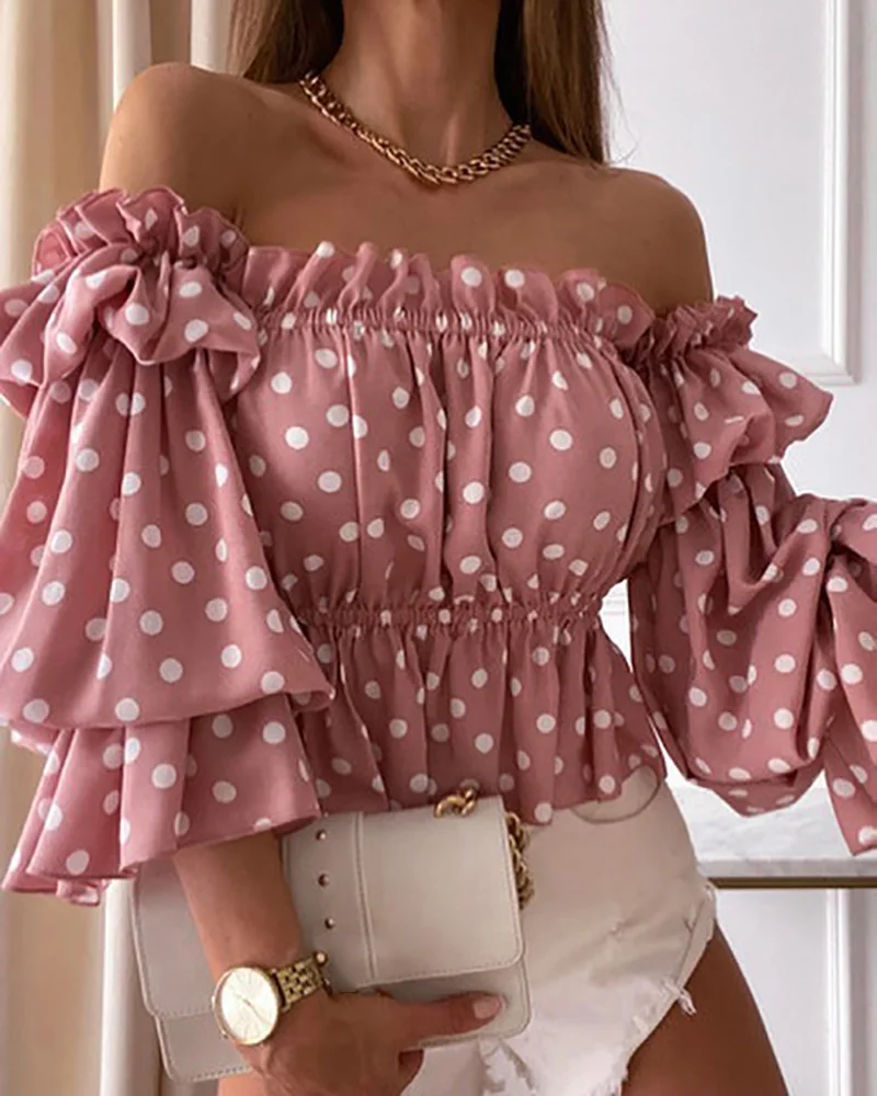 

Summer Women Polka Dot Print Off Shoulder Shirred Top 2023 Elegant Femme Puff Sleeve Corset Blouse Lady Outfits y2k Tunics