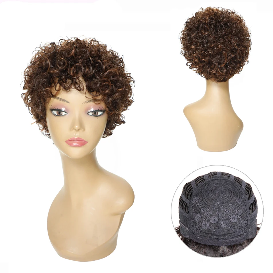 

Morichy Funmi Curly Short Cut Full Wigs 8 inch Mongolian NON-Remy Real Human Hair DIY Mix Medium Brown Vintage Hairstyles Wigs