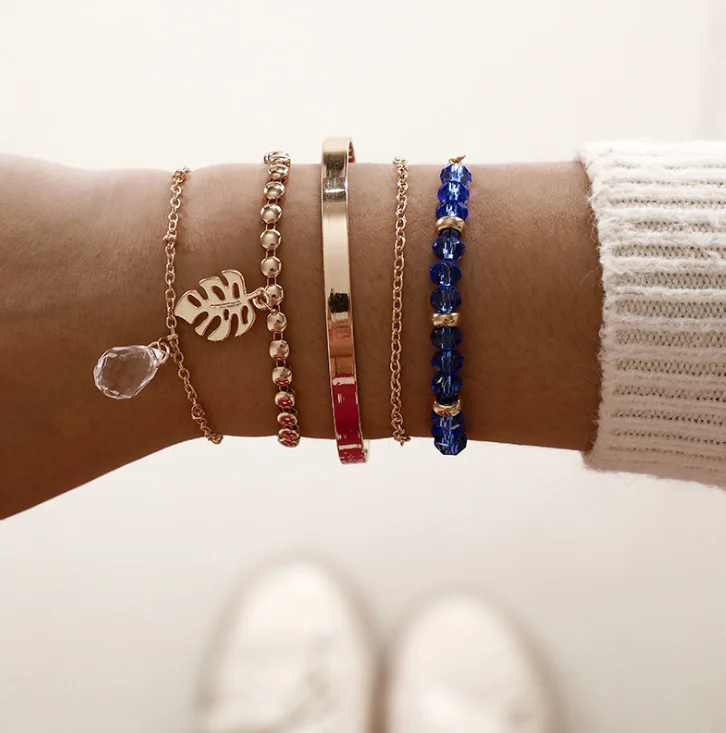 Фото GTQ 5pcs/sets Gold Leaf Bracelets Clear Crystal Stone Blue Bead Bangles for Women Bohemian Jewelry Drop Shipping | Украшения и