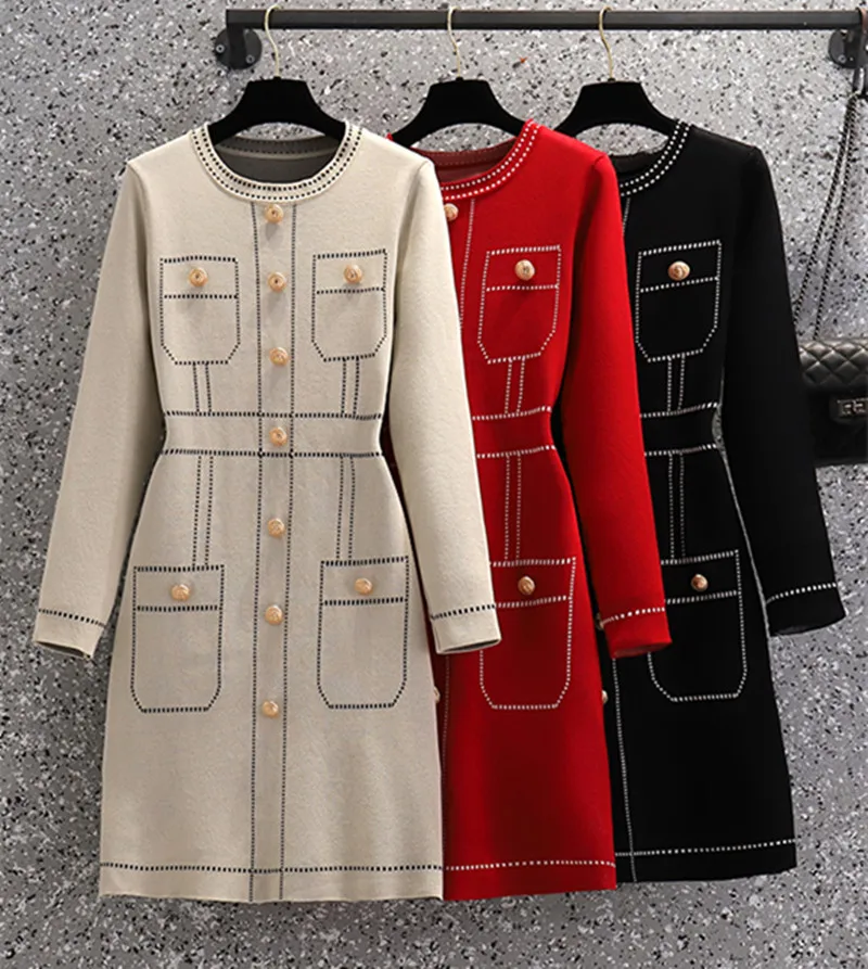 Ladies Casual Knitted Dress Female 2021 New Autumn Fashion O-neck Gold Button Deco Long Sleeve Striped Sweater Vestidos | Женская одежда