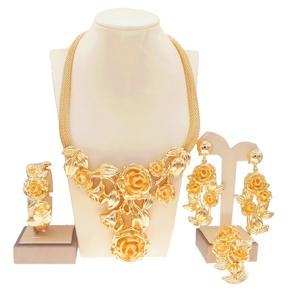 

Women Jewelry Set Rose Flower Necklace and Earrings Luxury Dubai Gold Bracelet Flower Ring Party Gift Set Yulaili