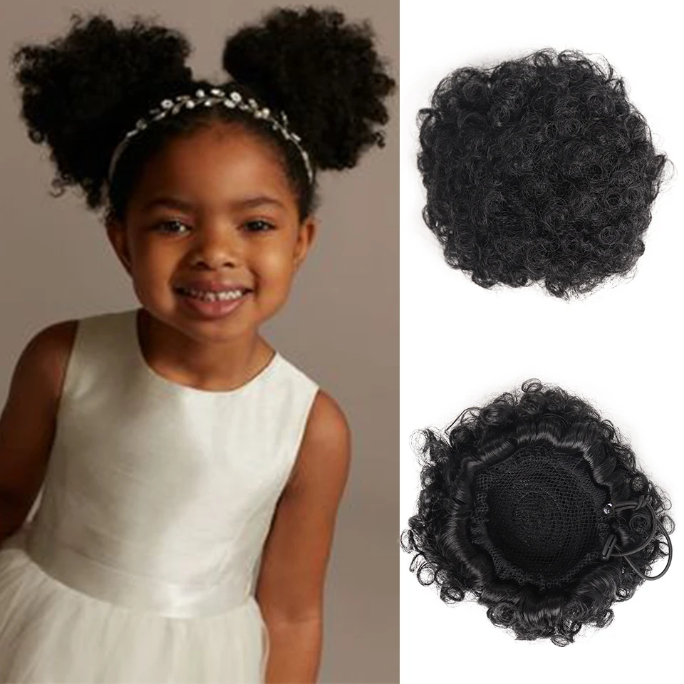 BUQI Synthetic Puff Afro Short Kinky Curly Chignon Hair Bun Drawstring Ponytail Wrap Hairpiece For Children Black |