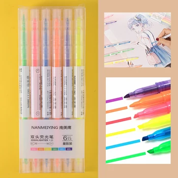 

6 Colors Round Toe Highlighter Marker Pen Double Side Oblique Written Text Pens Journaling Office School Stationery