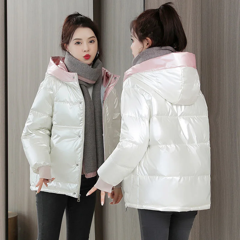 

Fashion Cute Women Bright White Puffer Jacket Winter Warm Bubble Coats Shiny Parkas Zipper Cropped Jackets Hooded Parkas