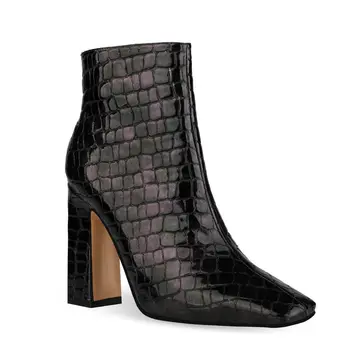 2020 Women Fashion Square Toe Ankle Boots Spring Autumn High Heel Bootie Print Zipper Boots Winter Ladies Shoes Black
