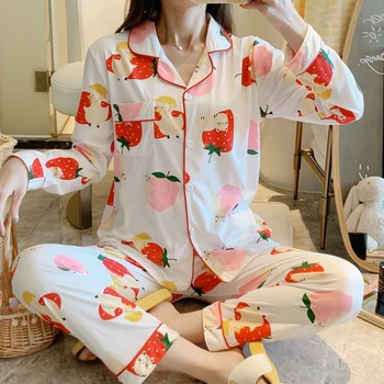 Strawberry cat print Spring Autumn New Ladies' pajamas cardigan long sleeve milk silk Korean casual home wear
Strawberry cat print Spring Autumn New Ladies' pajamas cardigan long sleeve milk silk Korean casual home wear