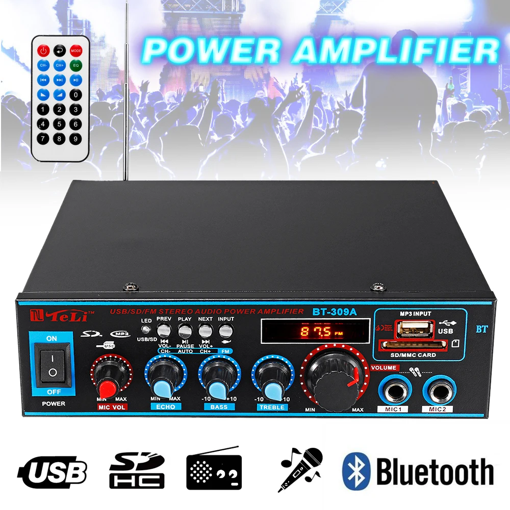 HIFI 2CH 800W Audio Power Amplifier FM USB SD Mini Mic Bluetooth Stereo Audio Amplifier For Car Home Home Theater Sound System
HIFI 2CH 800W Audio Power Amplifier FM USB SD Mini Mic Bluetooth Stereo Audio Amplifier For Car Home Home Theater Sound System
