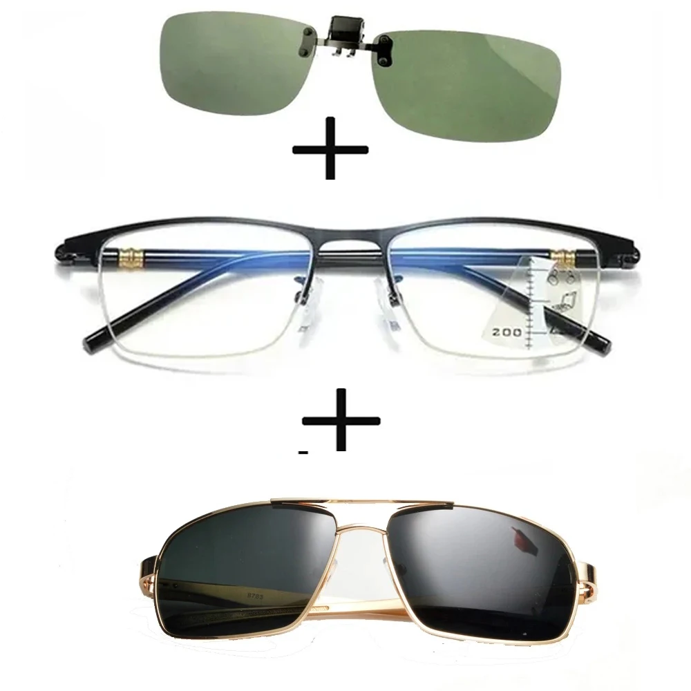 

3Pcs!!! Progressive Far and Near Business Reading Glasses for Men Women + Polarized Sunglasses Squared Pilot + Sunglasses Clip
