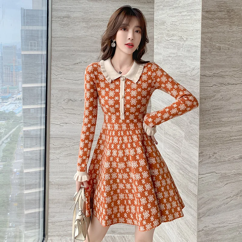 

Woman Dress Fashion Orange Autumn and Winter Printed Floral Long Sleeve Knitted Dress Doll Collar Flared Sleeves Short Dress