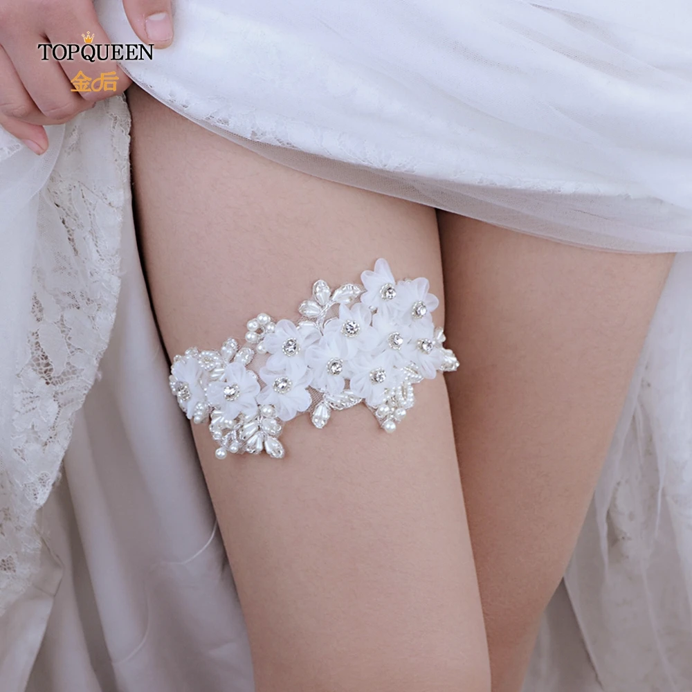 TOPQUEEN S355 Wedding Elastic Garter White Flower Pearl Sexy Garters Women/Female/Bride Thigh Ring Bridal Lace Leg Loop | Свадьбы и