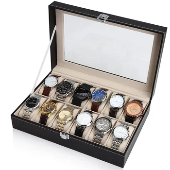 Practical 10 / 12- slot Watch Storage Box Black Pu Leather Display Case Glass Top Watch case Collector Storage Box Case D25 
Practical 10 / 12- slot Watch Storage Box Black Pu Leather Display Case Glass Top Watch case Collector Storage Box Case D25