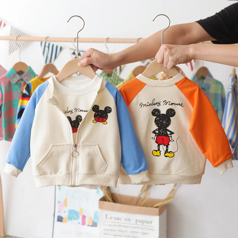 Mickey Girlls Boys Autumn Jackets Children's Zipper Cardigan Sweatshirt Spring Baby Kid Color Matching Top Outwear Clothes | Детская
