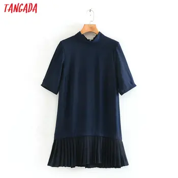 

Tangada fashion women solid pleated mini dress Turtleneck back bow short Sleeve Ladies sweet Dress Vestidos 4M195