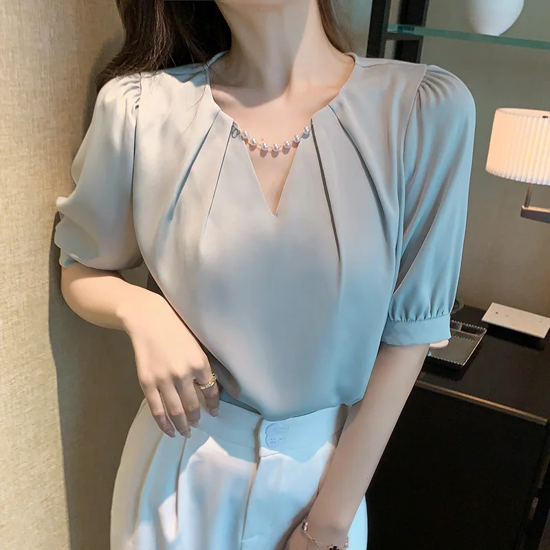 

Office Lady Chic Beading V-neck Short Sleeve Blouse Women Elegant Folds Solid Color Summer Tops Female Fashion Work Clothing