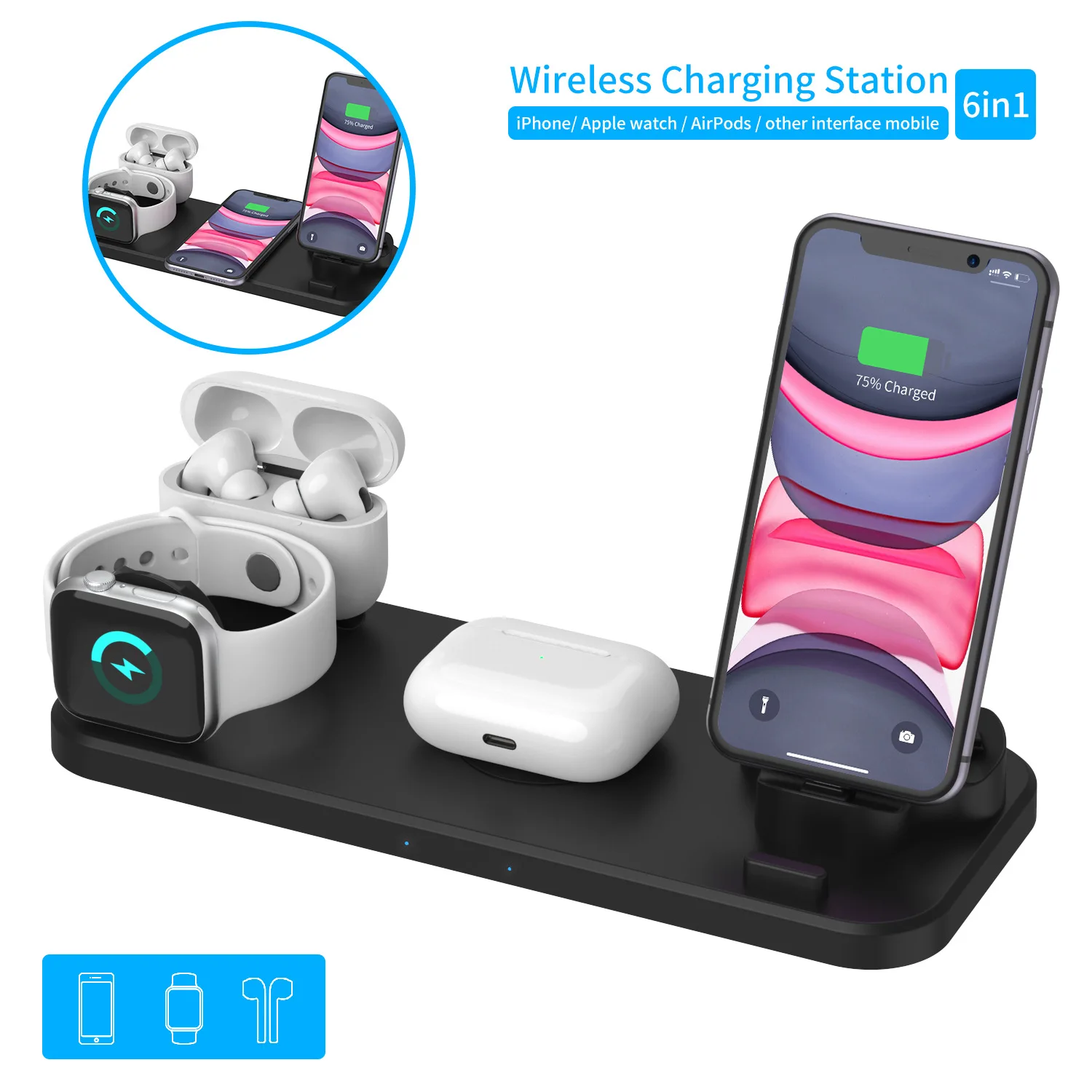 6 in1 10W Wireless Charger Stand Dock for iPhone 11 Pro Xs Max 8 X Fast Wireless Charging Pad for Apple Watch 5 4 3 Airpods Pro
6 in1 10W Wireless Charger Stand Dock for iPhone 11 Pro Xs Max 8 X Fast Wireless Charging Pad for Apple Watch 5 4 3 Airpods Pro