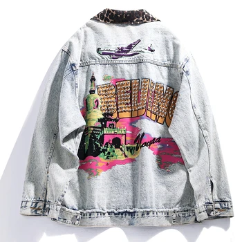 2020 Spring autumn Loose Heavy industry Rivet Diamonds Leopard Splice Jeans jacket Women Plus size Casual Loose Cowboy Outwear