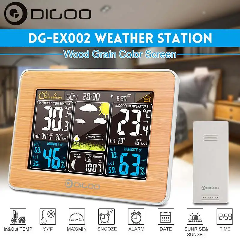 DIGOO DG-EX002 Wood Grain Color Indoor Weather Station Outdoor Sensor / Thermometer Hygrometer / Moon Phase / Calendar / Snooze
DIGOO DG-EX002 Wood Grain Color Indoor Weather Station Outdoor Sensor / Thermometer Hygrometer / Moon Phase / Calendar / Snooze