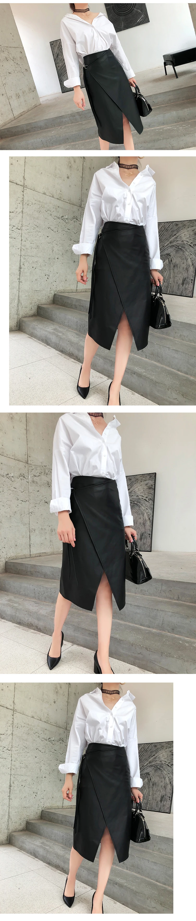 Women Genuine Leather skirt Female Personality Simple Whole Skin Lace-up Long Black Wrap Street wear