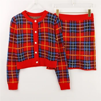 Vintage Red Plaid Knit Two Piece Set Skirt Autumn Winter O-Neck Single Breasted Cardigan Sweater + Mini Pencil Skirt 2 Piece Set
Vintage Red Plaid Knit Two Piece Set Skirt Autumn Winter O-Neck Single Breasted Cardigan Sweater + Mini Pencil Skirt 2 Piece Set