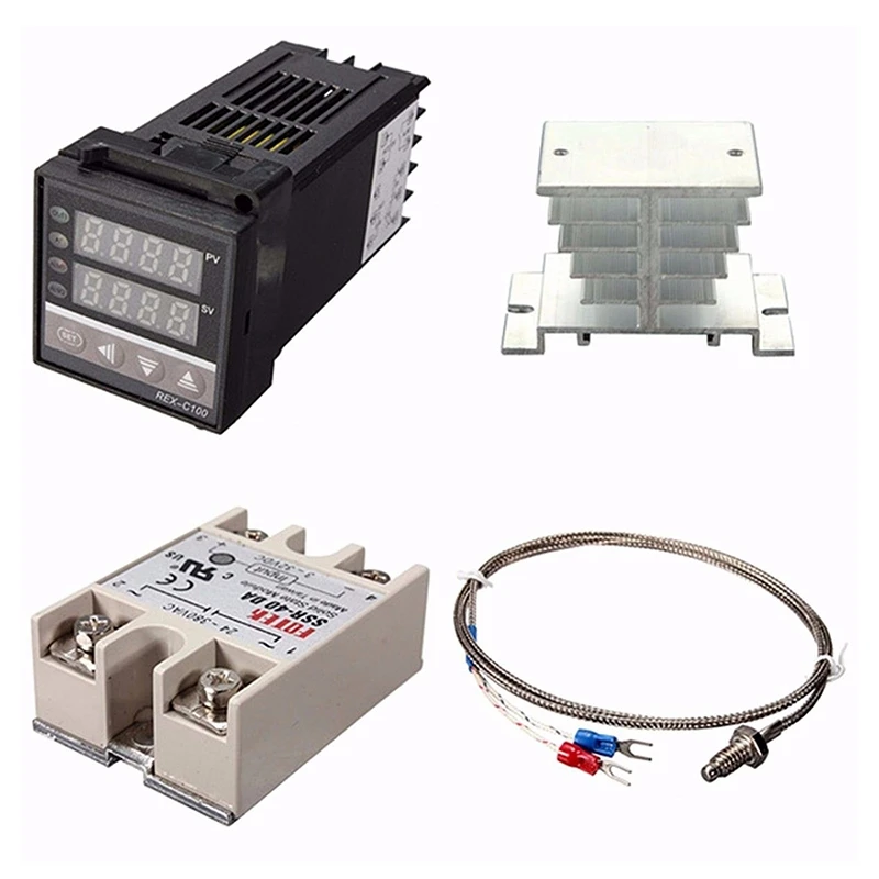 Digital 220V PID REX-C100 Temperature Controller + max.40A SSR + K Thermocouple, PID Controller Set + Heat Sink
Digital 220V PID REX-C100 Temperature Controller + max.40A SSR + K Thermocouple, PID Controller Set + Heat Sink