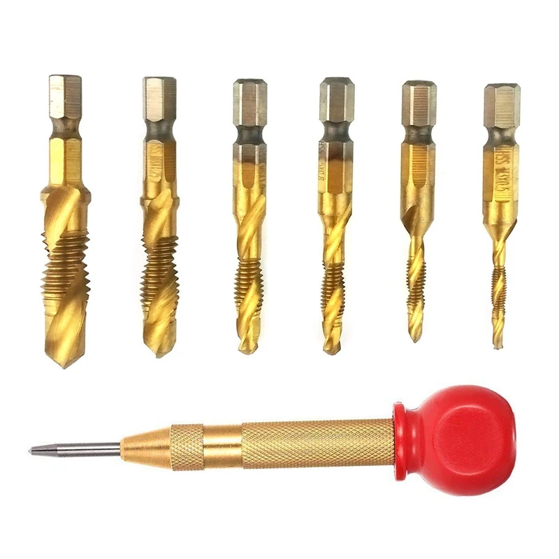 6 Pcs Combination Drill Screw Tap Bit Set, 1/4 In Hss Hex Shank Metric Combination Drill And Tap Set (M3-M10) And Automatic Spri