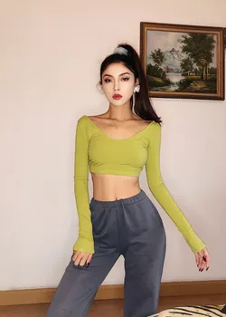 Spring and summer new street fashion big V-neck short-sleeved long-sleeved T-shirt women, sexy thin bottoming T-shirt lass
Spring and summer new street fashion big V-neck short-sleeved long-sleeved T-shirt women, sexy thin bottoming T-shirt lass