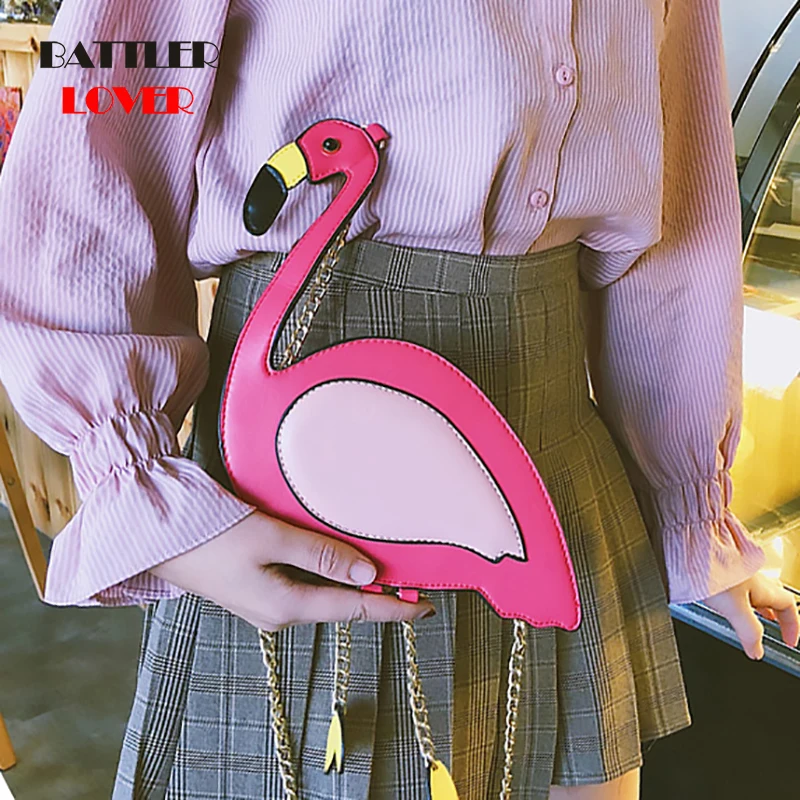 Fashion Leather Embroidery Flamingo Shape Handbag for Women Shoulder Messenger Bag Female Crossbody Mini Casual Chain Purse