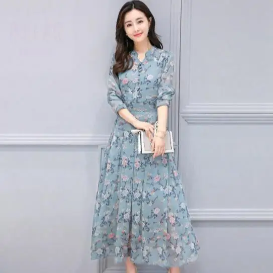 2021 New Spring clothes Long sleeves Printing Chiffon Dress Slim Bohemia Large size Women Elegant dress DC960 |