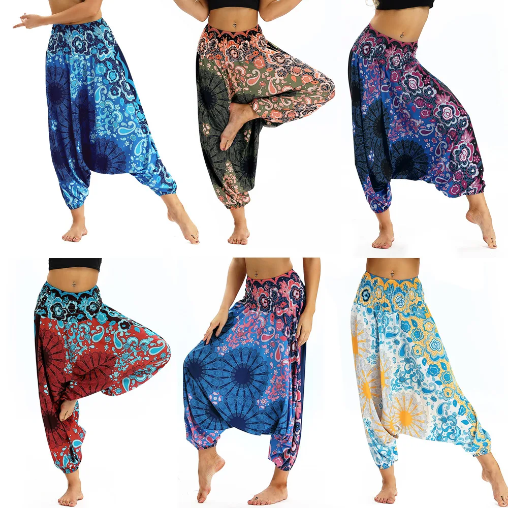 

Female India Nepal yoga pant women Loose Flower Printed High Waist Yoga trousers Leisure beach festival casual pants One Size