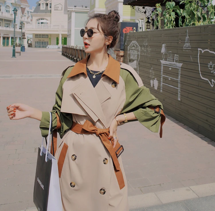 Brand New Fashion Womens Trench Coat Colorblock Long Double-Breasted with Belt Lady Windbreaker Spring Autumn Outerwear Clothes